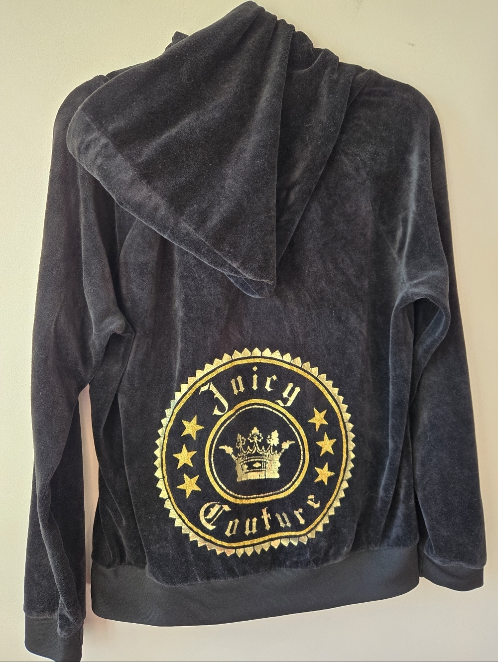 Juicy Couture Black Velour Zip-Up Hoodie Gold Crest Logo Size XL